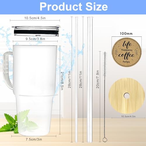 Glass Tumbler with Straws and Lids, 40oz Large Glass Coffee Tumbler with Handle, Clear Water Bottle for Car, Camping, Travel, and Outdoor Activities