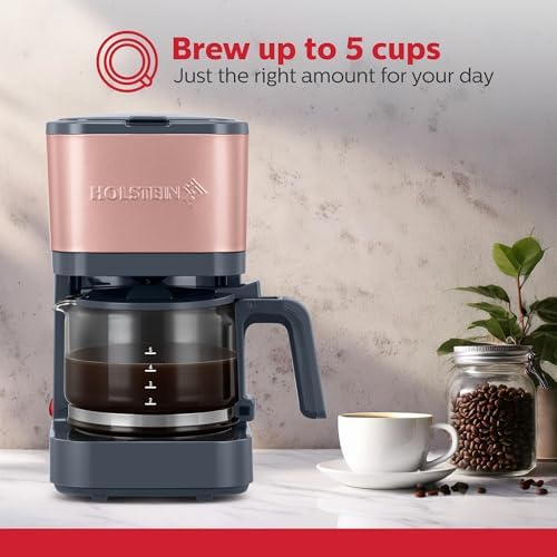 Holstein Housewares 5 Cup Coffee Maker – Compact Drip Coffee Machine with Auto Pause & Serve, Reusable Filter, Glass Carafe, Water Window & Warming Plate. Dark Grey & Rose Gold - Image 2