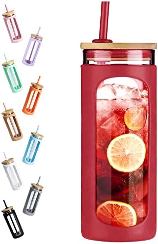 20oz Glass Tumbler with Straw and Lid, Iced Coffee Cups with Bamboo Lids, Glass Cups for Cold Drinks, Smoothie Cup with Silicone Sleeve for Travel, Work, BPA FREE-Barbados Cherry