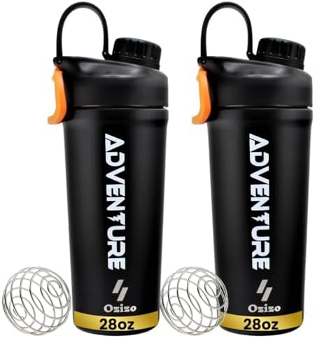 Ozizo 2 Pack Stainless Steel Insulated Protein Shaker Bottle, 28oz Leak Proof Shaker Cup for Protein Mixes with Wire Whisk Ball, BPA-Free (Black + Black) by Ozizo