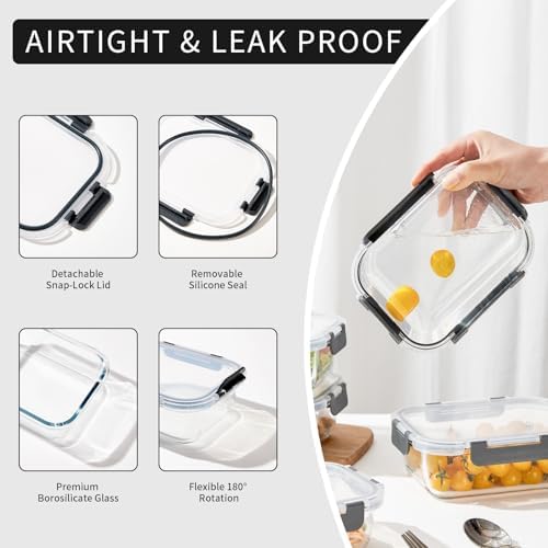 10 Pack 22 oz Glass Meal Prep Containers, Glass Food Storage Containers with Lids, Reusable Airtight Leakproof Lunch Bento Boxes Freezer, Microwave Oven and Dishwasher, Gray