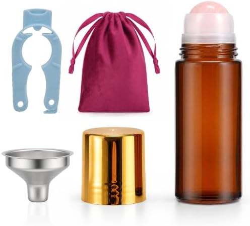 Roller Ball Applicator,Rose Quartz Roller Bottle,50ml Refillable Amber Glass Roll On Bottles with Natural Crystal Roller Balls,Leak-Proof Travel Perfume Bottle with Gold Caps (Pink) by Unknown