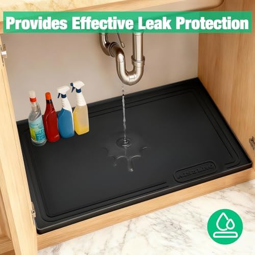 Under Sink Mat 31 X 22, Waterproof Silicone Cabinet Kitchen Liner, Black