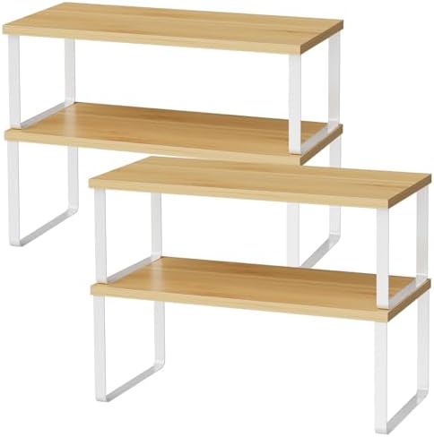 Cabinet Shelf Organizers, 15.7 inches Large Kitchen Counter Shelf, Set of 4 Wood Kitchen Pantry Organizer, Storage Shelves for Countertop, Spice Rack, Stackable, Expandable, Metal White, Nature