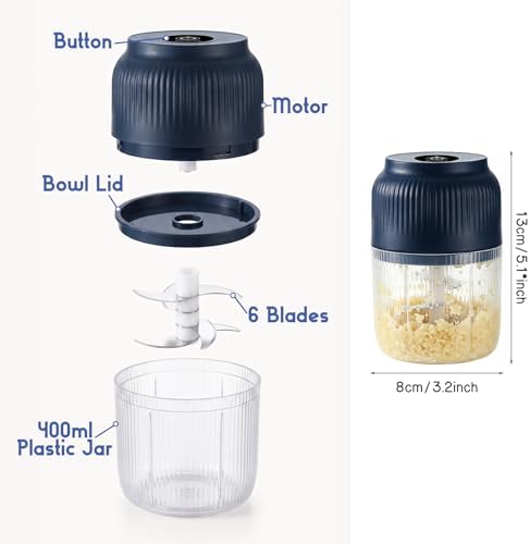 Electric Garlic Chopper, 2026 New Mini Food Processor & Food Chopper for Kitchen, Portable Cordless Garlic Mincer with 6 Stainless Steel Blades, Small Vegetable Chopper for Onion Salad (400ML Blue) - Image 5