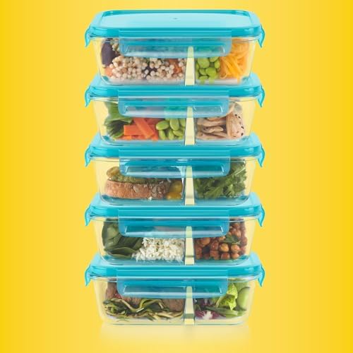 Glass Meal Box (5-Pack, 4 Cup) Divided Compartments, Locking Lids