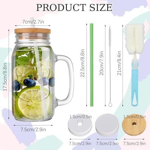 Mason Jars with Handle Colorful Drinking Glasses with Lids Straws