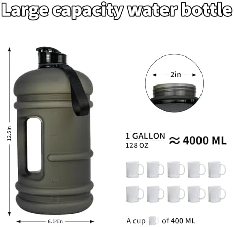 1 Gallon Water Bottle - 128 oz With Flip Lid, Measurements Marked, Leak Proof BPA Free Jug for Gym, Sports - Matte Black