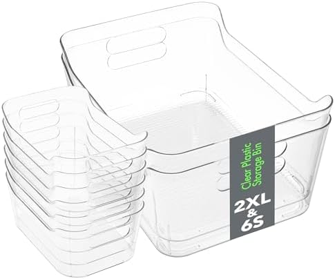 Set of 8 Clear Plastic Storage Bins, 2 Extra Large and 6 Small Storage Containers for Pantry Organization, Multi-Use Organizer Bins for Home, Kitchen, Cabinet, Bathroom, Fridge & Freezer