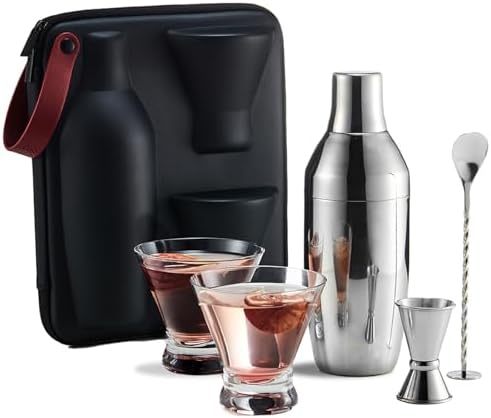Cocktail Shaker Set with to-Go Carry Case & 2 Martini Glasses