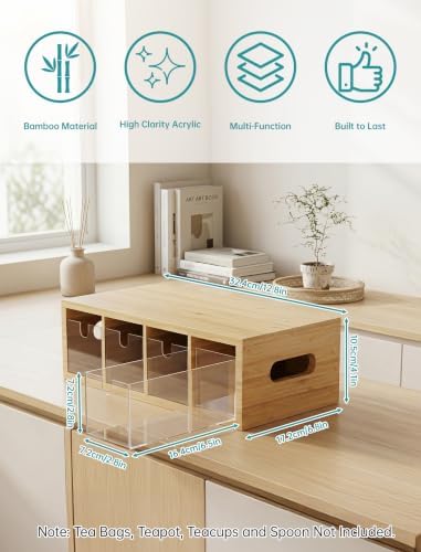 Bamboo Tea Bag Organizer with 4 Clear Acrylic Drawers and Top Tray