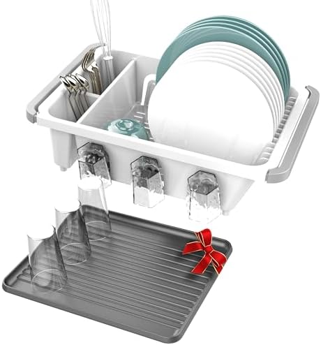 Dish drying rack expandable over the sink, in the sink and for cabinet and kitchen counter; Dish drainer rust proof, Large kitchen organizer with drainboard, two cutlery holders and 6 cup holders.