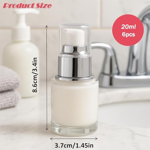 6Packs 20ml Clear Glass Lotion Pump Bottles Refillable Travel Cosmetic Containers with Silver Pump and Clear Cap Mini Empty Dispenser Jars for Serum, Essence, Toner, Skincare, Essential Oils (Silver) - Image 2