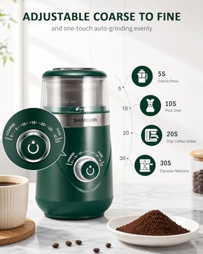SHARDOR Electric Super Silent Blade Coffee Grinder, Timed Grind Control Rotary Knob, Adjustable Coarse to Fine for Coffee Beans, Spices & Herbs, with 2 Removable Stainless Steel Bowls, Green - Image 2