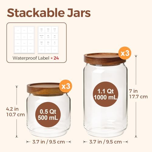 Glass Pantry Storage Container with Acacia Wood Lids 1.1/0.5Qt 6Pack