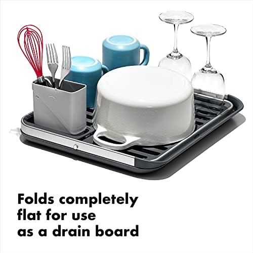 OXO Good Grips Aluminum Fold Flat Dish Drying Rack, 2-Tier, with Drainboard