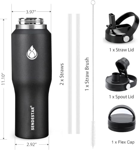40oz Stainless Steel Water Bottle(Cold for 48 Hrs, Hot for 24 Hrs),Double Wall Vacuum Insulated Bottle with Straw Lid, Spout Lid and Flex Cap, Fit in Any Car Cup Holder,Black