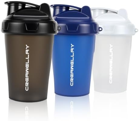 3 Pack Shaker Bottles for Protein Mixes, 17 oz Small Protein Shaker Bottle with Handle, Gym Shaker Cups with Blending Ball for Pre Workout, BPA-Free & Dishwasher Safe (Black, White, Blue) by CREAWELLAY