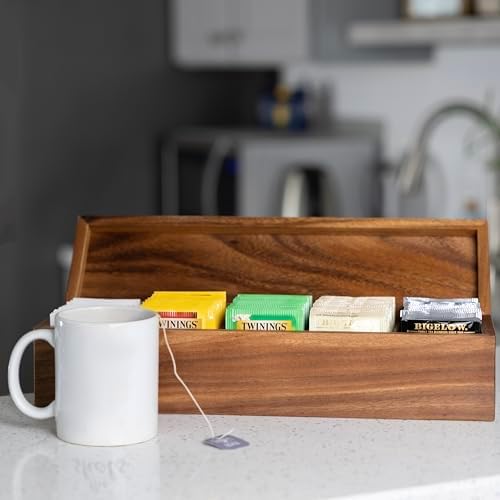 Large 5 Compartment Tea Box, Acacia Wood Tea Bag Organizer With Lid