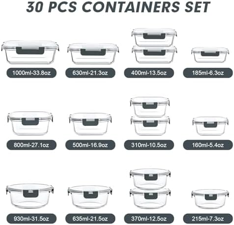 30 Pieces Glass Food Storage Containers Set with Lids, Grey