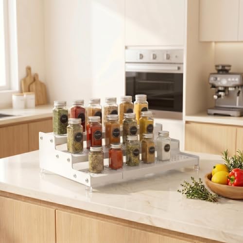 Expandable 3-Tier Spice Metal Shelf Rack, White, 3-Tier