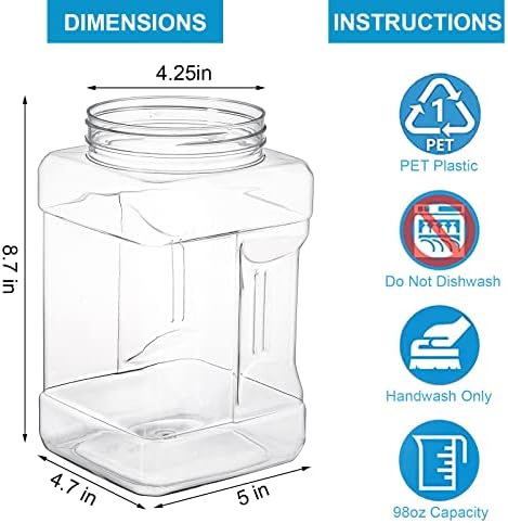 3 Pack Square Clear Plastic Jars, 98 Oz Wide Mouth Storage Containers with Screw-On Lids, Refillable BPA Free Empty PET Jars for Dry Goods Peanut Cookies Candy, Easy Grip Airtight Storage Jar