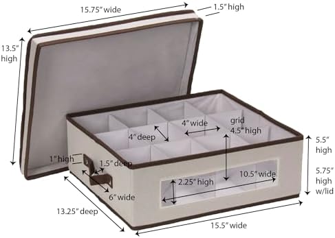538 Vision China Storage Box for Tea Cups and Mugs with Lid and Handles | Natural Canvas with Brown Trim