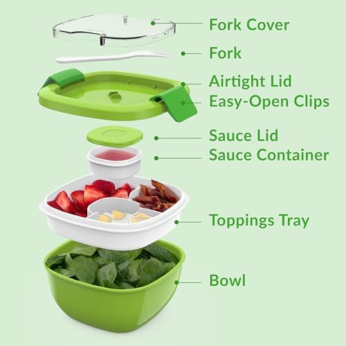 Salad Container, Lunch Bowl with 4-Compartment Toppings Tray, 54 oz