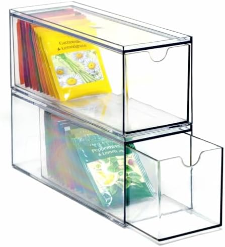 3 Drawers Plastic Kitchen Pantry Stackable Storage Organizer, Plastic Tea Packet Organizers, Stackable Tea Bag Holder, 9" x 3" x 3.5"