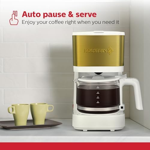 Holstein Housewares 5 Cup Coffee Maker – Compact Drip Coffee Machine with Auto Pause & Serve, Reusable Filter, Glass Carafe, Water Window & Warming Plate. White & Gold - Image 3