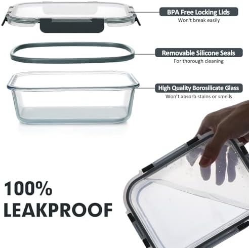 30 Pieces Glass Food Storage Containers Set with Lids, Grey
