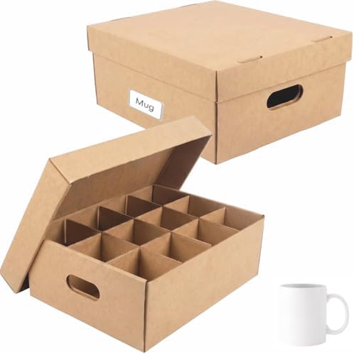 2 Pack Mug Moving Boxes, Cup Packing Boxes with Dividers, Handles & Lids