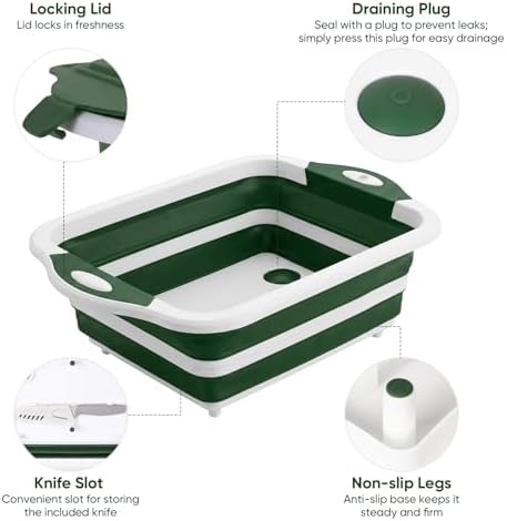 Collapsible BBQ Prep Tub with Lid, Foldable Camping Sink with Colander, Cutting Board, Dish Basin for Kitchen, Bowl, Vegetable and Fruit, Storage Basket for Picnic-Green