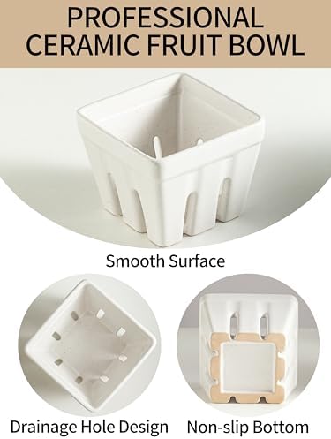 Ceramic Berry Bowl Set of 2 Square Strawberry Basket, Cream White