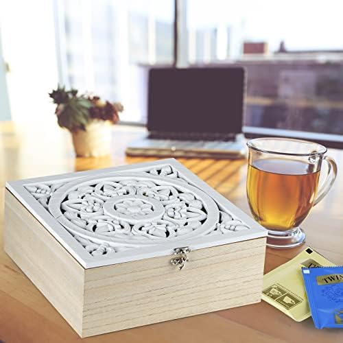 Wood Tea Bag Organizer, 9 Compartment Tea Storage Box with Floral Pattern Lid, Tea Holder Box for Cabinet, Pantry