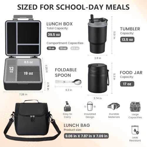 Lunch Box Set with Bento Box Container, 17OZ Stainless Steel Food Soup Thermo, Kids Water Bottle & Portable Insulated Lunch Bag – Leakproof, Hot/Cold Retention for School, Travel (Black)