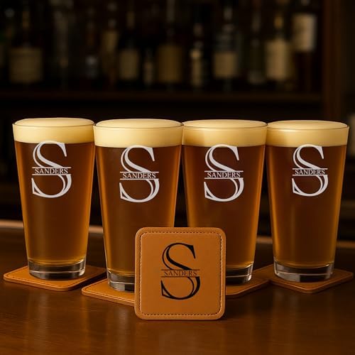 Personalized Glass Set of 4 - Custom Engraved Drinking Pint Glasses - Great Gifts for Men, Women, Family - For Valentine's, Anniversary, Housewarming, Christmas (Pint [x4])