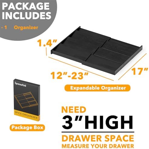 Bamboo Black Spice Drawer Organizer, (Need 3" Deep Drawer) Expandable 4 Tier Spices Rack for Cabinet, Kitchen Seasoning Storage Insert (Jars Not Included, From 12" to 23" Wide)