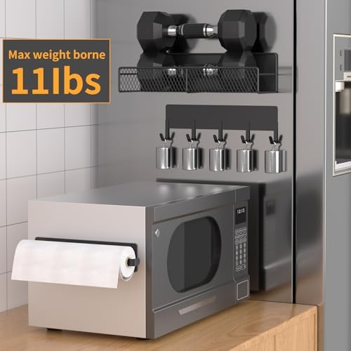 Magnetic Spice Rack for Refrigerator, 7 Pack Metal Shelf Black, Moveable Organizer with Hook Rack, Paper Towel Holder, Kitchenware Strong Storage Fridge