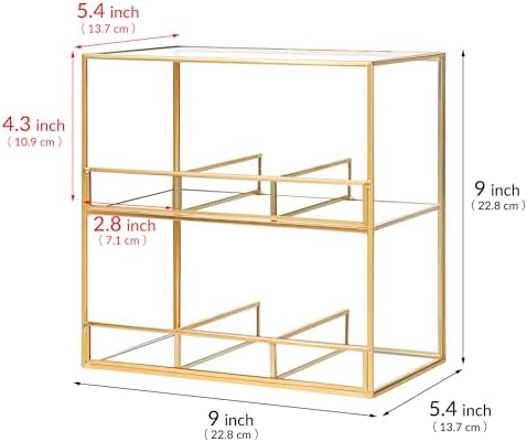 Glass Tea Bag Organizer for Counter, 2-Tier Teabag Organizer Storage Holder for Tea Bags, Glass Caddy Box Containers, Rack Teabag Station Stand for Cabinet Kitchen, 2-Tier, Gold