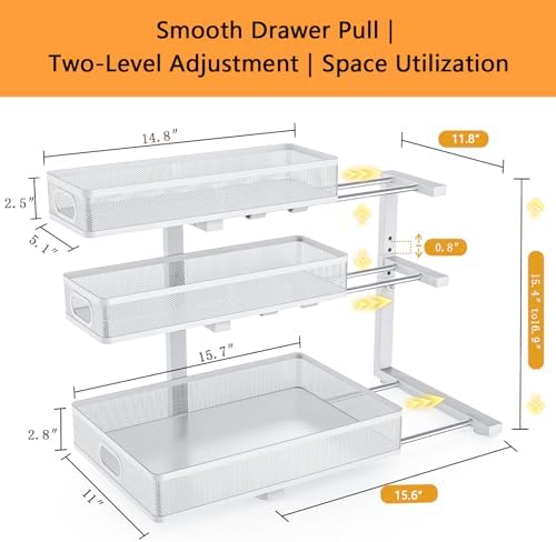 Under Sink Organizer, 2-Pack 3-tier Under Sink Storage Organizer Adjustable Height Easy Assembly Pull Out Cabinet Organizers Basket for Bathroom Kitchen Pantry Home Organization