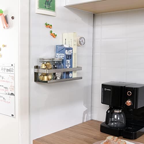 Magnetic Spice Rack for Refrigerator Spice Organizer, Strong Magnetic Shelf with 2 Removable Hooks Space Saver for Refrigerator and Microwave Oven, Metal Fridge Shelf(1 pack Silver)