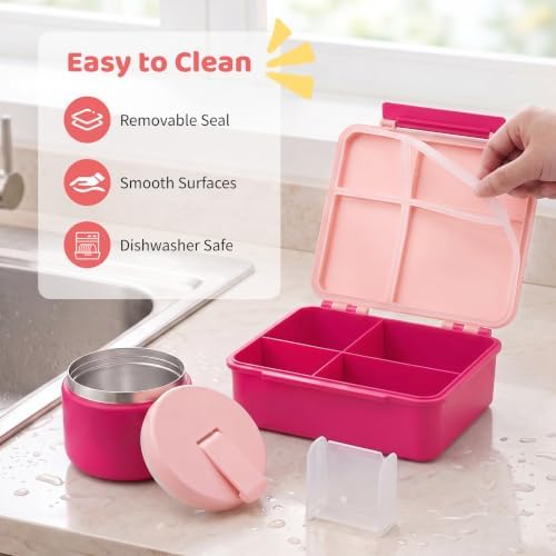 Bento Lunch Box with 8oz Soup Thermo, Kids Leakproof Lunch Food Containers with 4 Compartment, Kids Thermo Insulated Hot Food Jar for School, Trvael - (Pink)