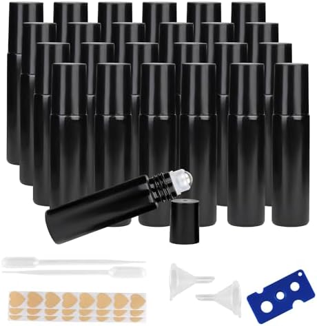 10ml Glass Essential Oil Roller Bottle, 24PCS Black Essential Oil Roller Bottles with Stainless Steel Rollers - Refillable, Leak-Proof Design, Suitable for Travel and DIY Skincare Products. by Unknown