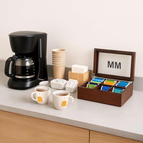Custom Engraved Mahogany Tea Storage Chest with Glass Lid – 6-Compartment Box for Tea Bags & Accessories