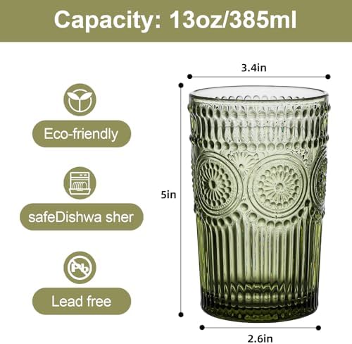 Drinking Glasses Set of 6,13oz Flower Design Green Glass Cups