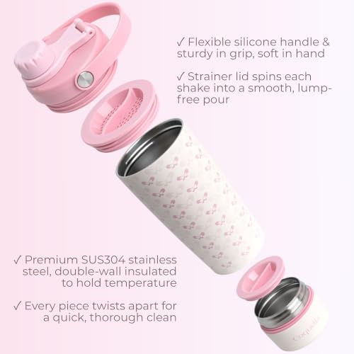 Elanelle 20oz Insulated Stainless Steel Shaker Bottle with Storage Base, Strainer Lid Protein Shaker Cup for Gym, Ball-Free Quiet Mixing, Carry Handle, BPA-Free, Pink/Cream (Cloudy Bow) - Image 2