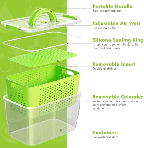 Produce containers for fridge,3 Set Fruit Containers with Removable Colander, BPA-Free Produce Saver Containers with Lids Dishwasher&Microwave Safe Keep Fruits, Vegetables, Berry, Fresh Longer