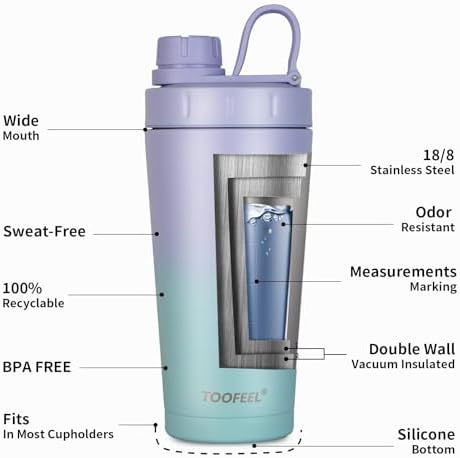 TOOFEEL Insulated Protein Shaker Bottle - 20 oz Double Walled Vacuum Metal, Keeps Cold/Hot, BPA Free Leakproof - Image 5