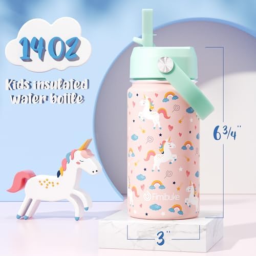 Kids Insulated Water Bottle, 14oz BPA FREE Double Wall Vacuum Tumbler 18/8 Stainless Steel Leak Proof Kids Cups with Straw Metal Bottle for School Boy Girl (2 Pack, UNICORN/WHITE DINOSAUR)